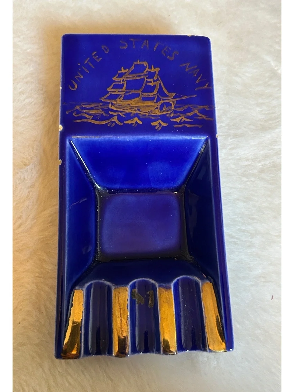 Vintage United States Navy Blue Ceramic Ashtray with Gold Ship Design
